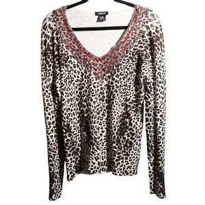 Metrostyle Leopard Print V Neck Beaded Embellished Long Sleeve Top Womens L Boho